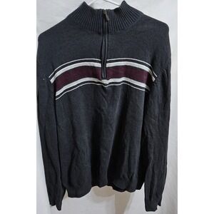 Sun River Sweater Men's L Grey Burgundy Chest Stripes Cotton Pullover 1/4 Zip